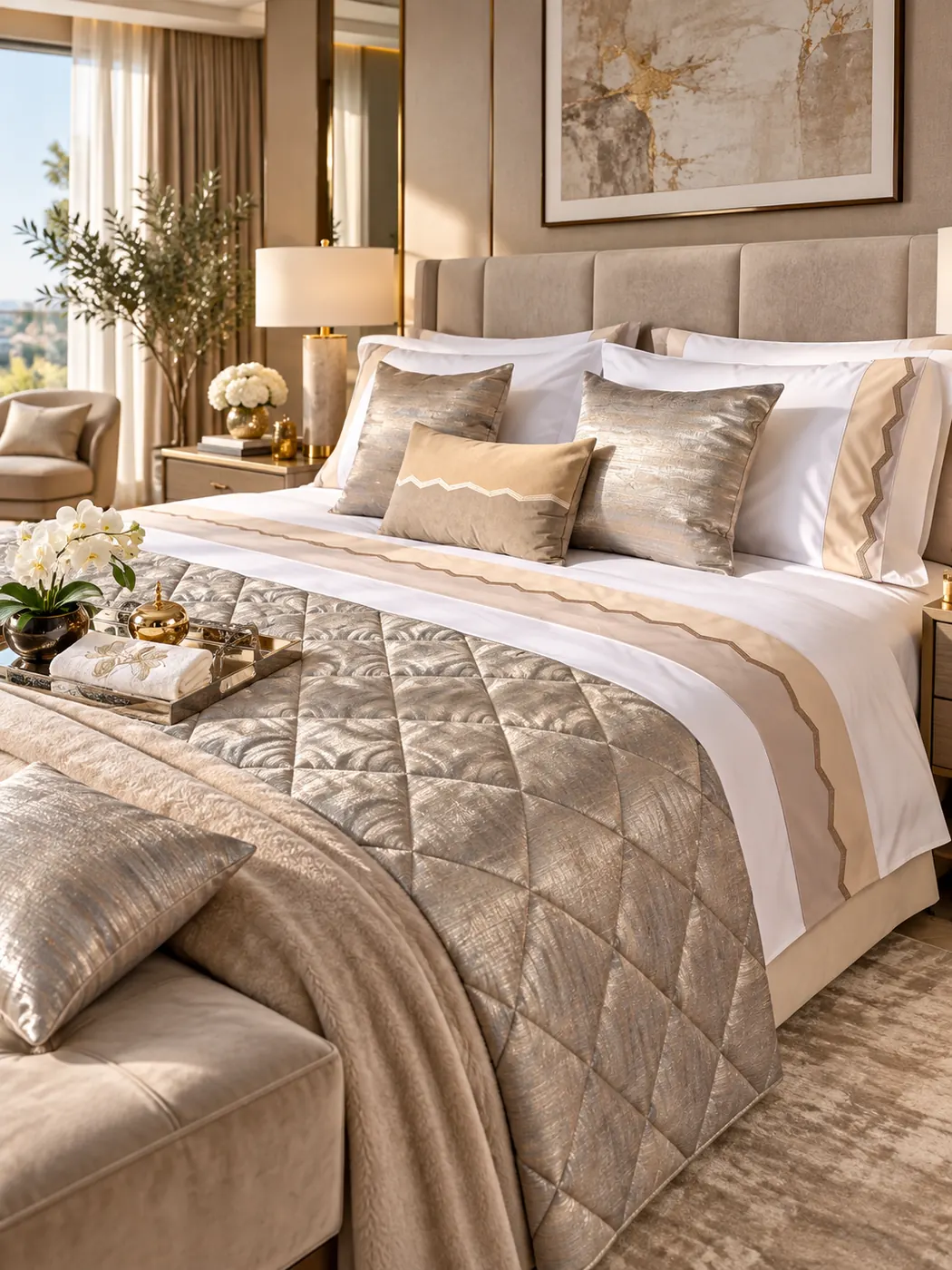 Veya adult bed linen set — A sand-toned quilted cover with diamond quilting and a restrained border detail.