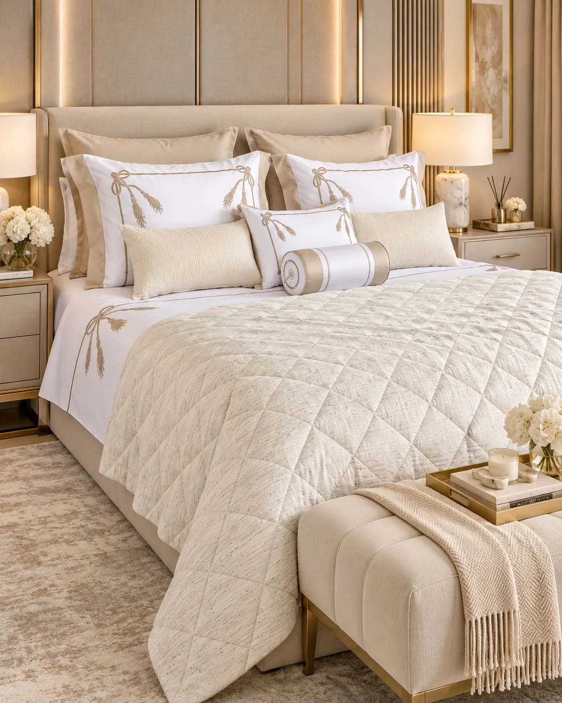 Liora adult bed linen set — An ivory quilted bed cover with a wide, clean channel band and matching cushions.