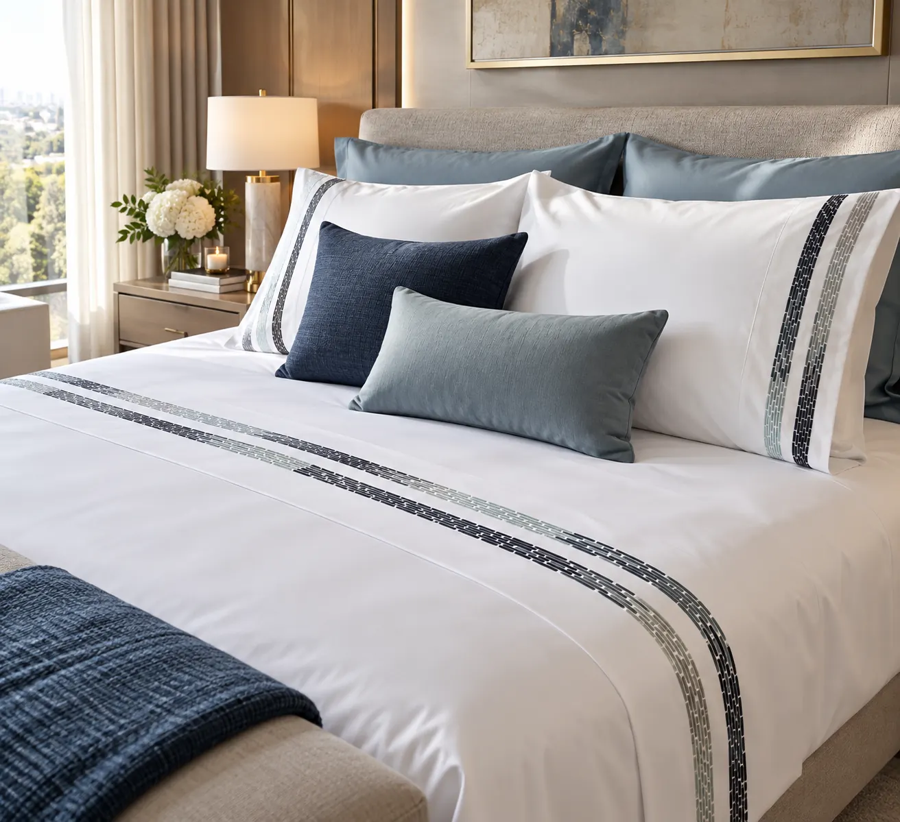 Nila adult bed linen set — Crisp white bedding with navy bands and deep blue accent cushions.