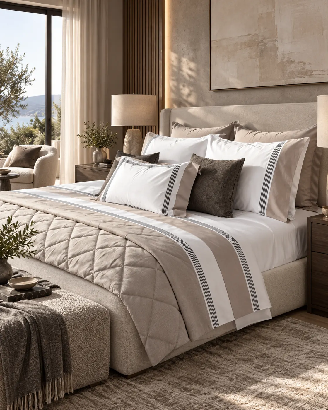 Orla adult bed linen set — White bedding framed by taupe and grey bands with a small botanical detail.