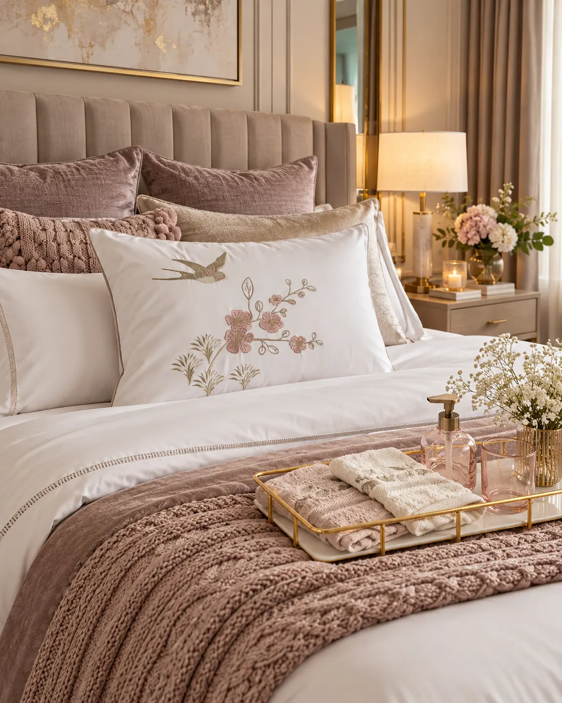 Zoya adult bed linen set — A white floral pillow detail paired with a warm blush-toned textured cover.