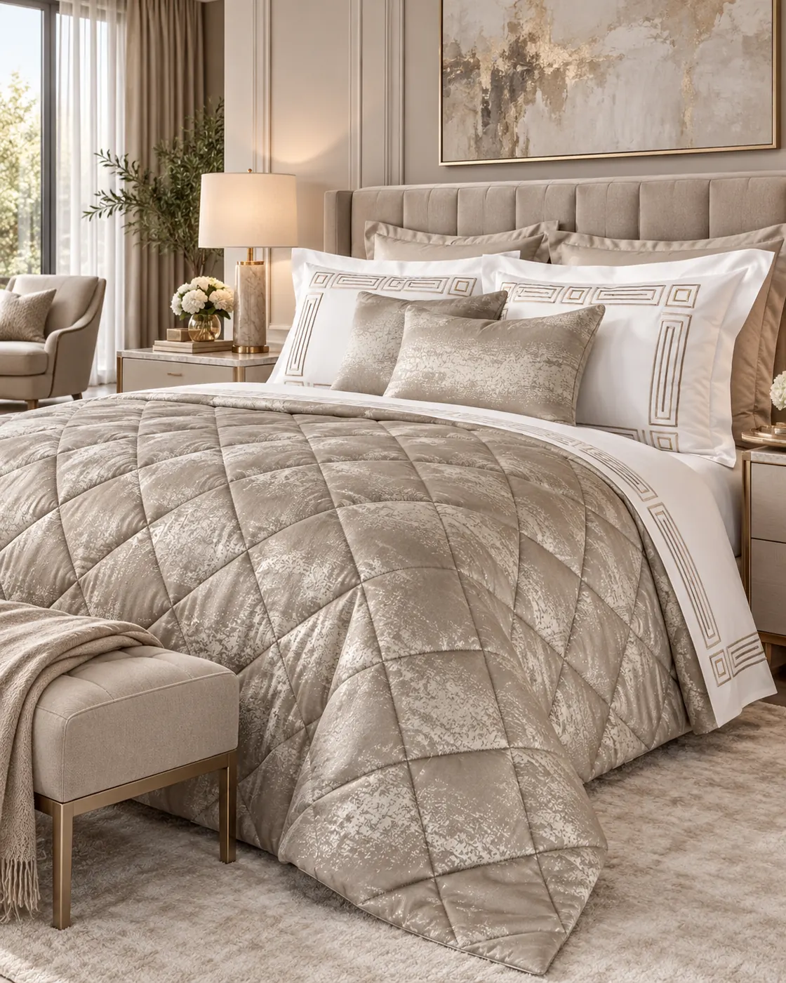 Inara adult bed linen set — A silver-taupe cover with diagonal quilting and a softly reflective finish.